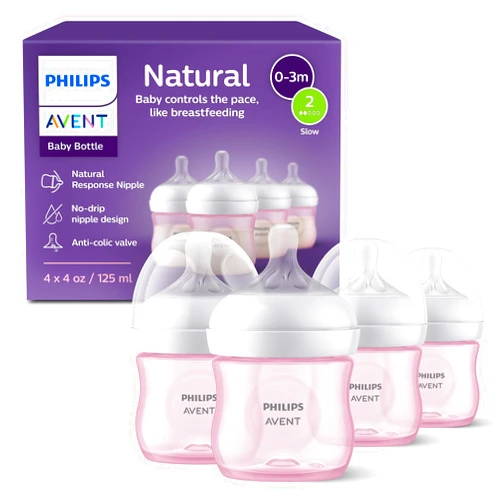 AVENT Philips Avent Natural Baby Bottles with Natural Response Nipples (Slow Flow, Flow 2), 4oz, Pink, 4-Pack, SCY900/14