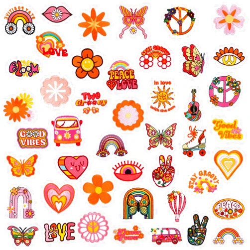 XIHIRCD 45pcs Chenille Patches, Groovy Retro Hippie Iron on Patches Embroidered Applique Patches Vintage Boho Patch Decorative DIY Accessories for Clothing Backpacks Dresses Hats Jeans Pants Jackets