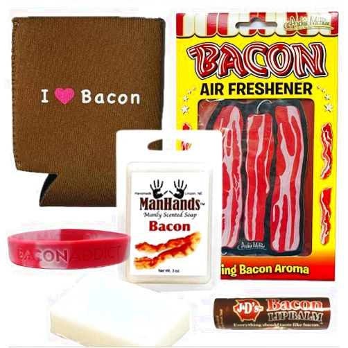 Bacon Addicts Survival Kit Gift Pack (5pc Set) - Bacon Soap, Air Freshener, Lip Balm, I Heart Bacon Can Cooler & Bacon Addict Silicone Wristband