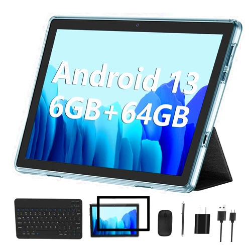 ECOPAD Android 13 Tablet 2023 New 10 Inch Tablets with 6GB RAM + 64GB ROM + 1TB Expanded Ouad-Core, 2 in 1 Tablet with Keyboard Mouse WiFi 6 Bluetooth, GMS Certified IPS Touch Screen Tablet - Blue Set