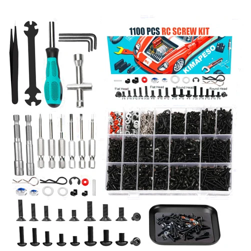 Kimapeso 1100 PCS RC Screw Kit and RC Screwdrivers Repair Set with Aluminium Screw Tray for Traxxas Axial Redcat Arrma HPI HSP SCX10 RC4WD 1/8 1/10 1/12 1/16 Scale RC Crawler Truck Buggy Car