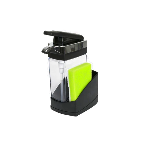 Casabella Sink Sider Solo Kitchen Soap Pump and Sponge Caddy, Black/Chrome - 2-in-1 Soap and Sponge Caddy, One-Hand Soap Dispensing, Ergonomic Design, Easy to Refill and Clean, Efficient Size
