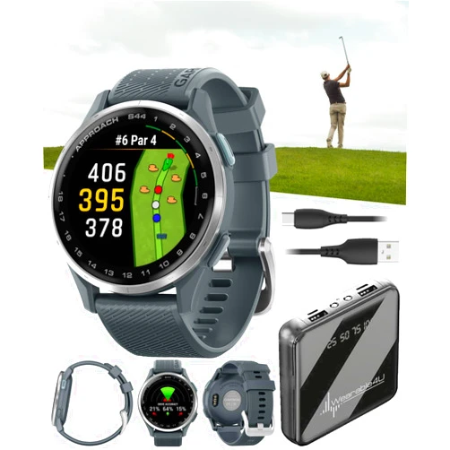 Wearable4U Garmin Approach S44 Golf GPS Smartwatch Silver Aluminum Bezel with Twilight Silicone Band with Wearable4U Power Bank Bundle