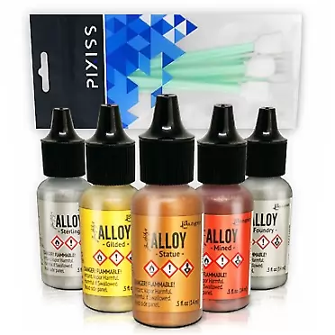 Pixiss Alcohol Ink Alloys Complete Metallic Set | Ranger Tim Holtz Brand | Colors Include Gilded, Mined, Foundry, Statue, Sterling | 10 Pixiss Alcohol Ink Blending Tools