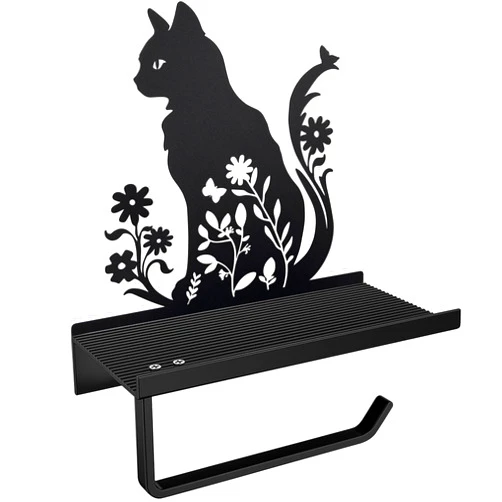 Vausart Black Cat Toilet Paper Holder with Shelf – Cute & Funny Animal Design for Farmhouse Bathroom Decor | Paper Towel Holder, Unique Cat Lover Gifts