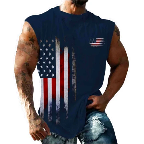 Wuitopue Men's 4th of July Tank Top Muscle Training T-Shirt American Flag Print Sleeveless Shirts Fitness Undershirts