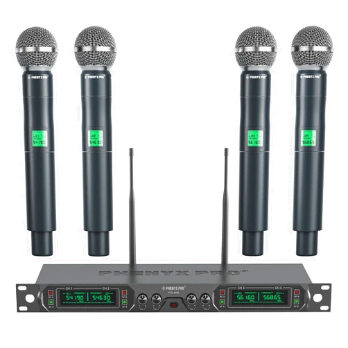 Phenyx Pro Wireless Microphone System, 4-Channel UHF Wireless Mic, Fixed Frequency Metal Cordless Mic with 4 Handheld Dynamic Microphones, 260ft Range, Mics for Singing, Church(PTU-5000-4H)