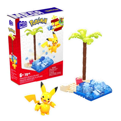 Mega Bloks MEGA Pokemon Action Figure Building Toys Set, Pikachu's Beach Splash with 79 Pieces, 1 Poseable Character, Gift Idea for Kids