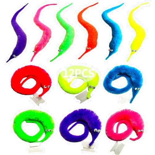 SHENGSEN 12 Pieces Fuzzy Worm Toys Worms On String Bulk Trick Toy Party Favors for Kid Cat (6 Colors)