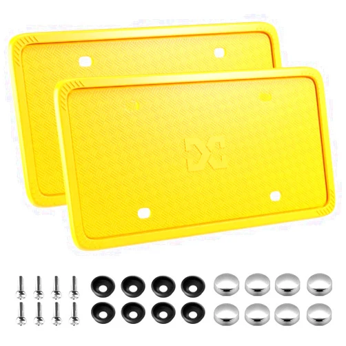XCLPF Silicone Yellow License Plate Frame Covers 2 Pack- Front and Back Car Plate Bracket Holders. Rust-Proof, Rattle-Proof, Weather-Proof (Yellow)