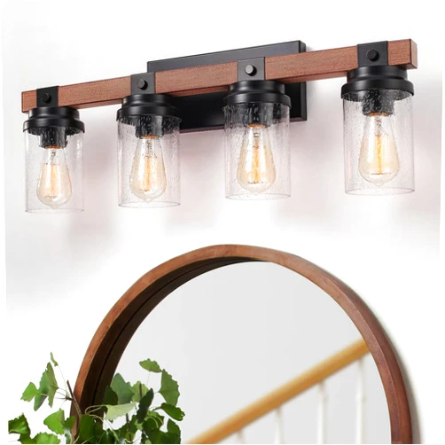 ZSMIHDOH 4-Lights Farmhouse Bathroom Vanity Light, Rustic Wood Bathroom Light Fixtures Over Mirror Antique Black Vanity Light with Clear Glass Shade, Farmhouse Wall Sconces Lighting