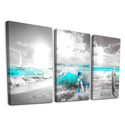 Sxurmtiie 3 Panel Beach Canvas Wall Art for ocean Decor Blue Sea Sunset White Beach Painting The Picture Print On Canvas Seascape sea The Pictures for Home Decor Decoration,Ready to Hang…