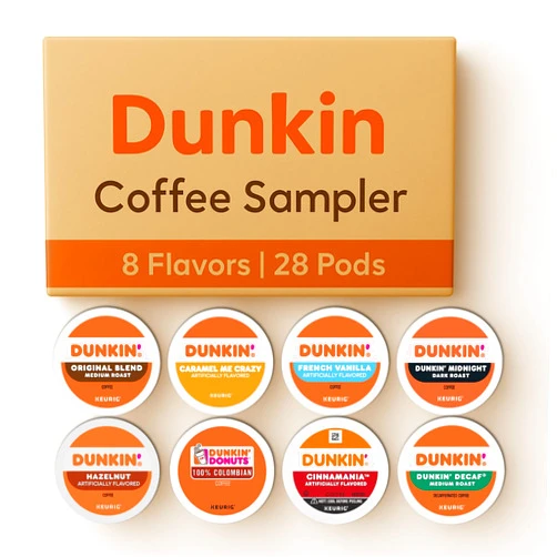FIVEANDTWOESTORE BUNDLES Dunkin K-Cup Variety Pack: 28 Keurig Coffee Pods, 8 Flavors, Medium & Dark Roasts, Flavored K Cups - Hazelnut, French Vanilla, Caramel, Cinnamania Coffee Kcups with Recipe eBook (28units, 8 Flavors)