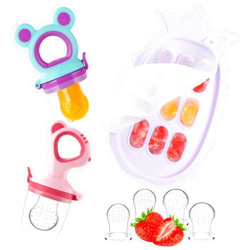 Holinduk Baby Fruit Feeder & Baby Breastmilk Popsicle Molds, Baby Food Freezer Tray Storage Containers, Silicone Pacifier Feeder and Teether, Includes 6 Extra Food Pacifier