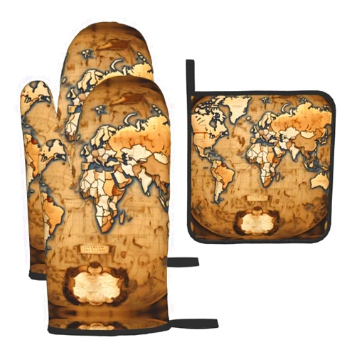 MDATT Oven Mitts Set,Multi-Function Heat Resistant Kitchen Pot Holders for Kitchen Or Baking (3pcs),Old Stained World Map Print