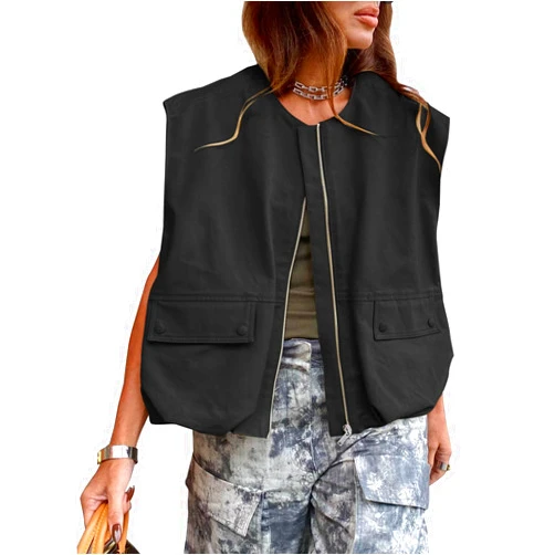 Tankaneo Womens Casual Zip Up Vest Cargo Oversized Ruched Hem Sleeveless Blazer Jackets Tops