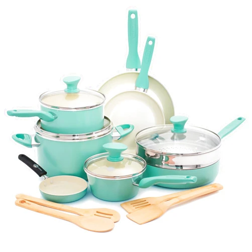 GreenPan Rio Healthy Ceramic Nonstick 16 Piece Cookware Pots and Pans Set, PFAS-Free, Dishwasher Safe, Turquoise