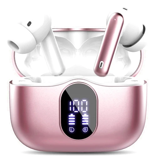 Btootos Wireless Earbuds Bluetooth 5.4 Headphones Bass Stereo Ear Buds with Noise Cancelling Mic LED Display in Ear Earphones IP7 Waterproof 36H Playtime for Laptop Pad Phones Sports Workout Rose Gold
