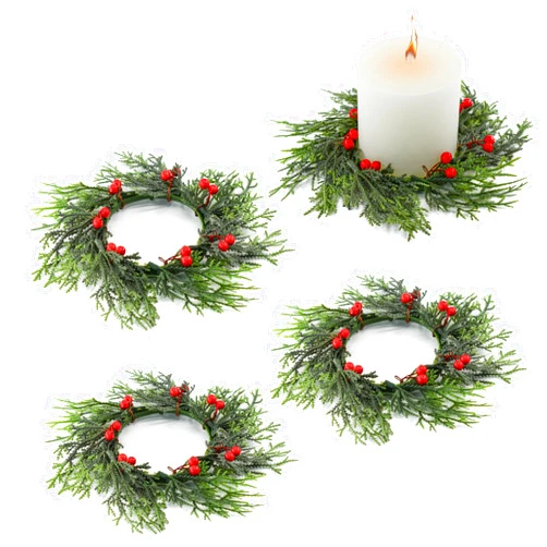 Bacucine 4 PCS Christmas Candle Rings Christmas Decorations Artificial Berries Pine Needles Candle Wreaths for Home Wedding Living Room Table Decoration