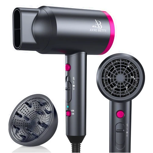 ANNE BETTY Hair Dryer with Diffuser, Blow Dryer for Curly Hair for Women/Men, 1800 Watt Ionic HairDryer, Blow Dryer with Nozzle for Fast Drying as Salon, Lightweight and Quiet