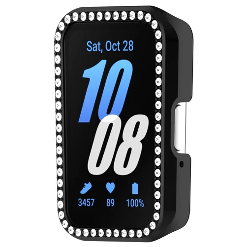 BHFK Bling Case Compatible for Samsung Galaxy Fit 3 SM-R390 Watch Diamond Glitter PC Bumper Face Protective Cover Women Crystal Shining Rhinestone Cases Smartwatch Accessories (Black)