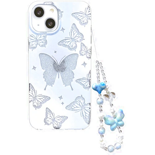 Abbery Designed for iPhone 13/14 Case Glitter Cute Clear with Design Butterfly with Strap Wrist Bling Sparkle Purple Blue Aesthetic Protective Glossy Phone Cover Case Women Girls (Butterfly)