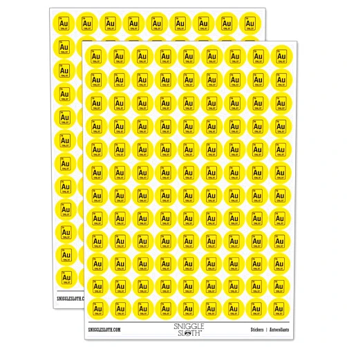 Sniggle Sloth Gold Periodic Table of Elements Science Chemistry 200+ Round Stickers - Gloss Finish - 0.50