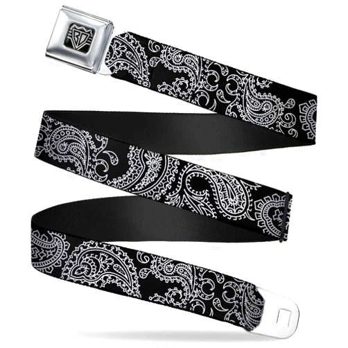 Buckle-Down Belt Seatbelt Buckle Paisley2 Black White Mens Womens Kids Adjustable