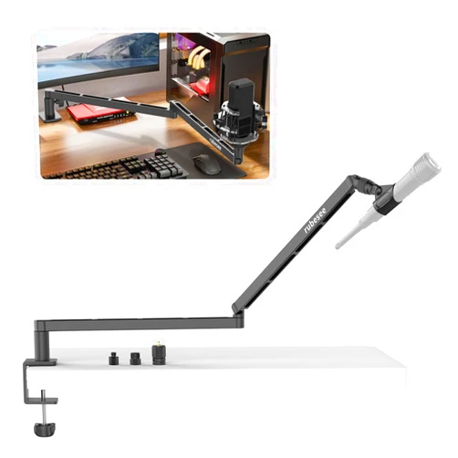 Rubesee Low Profile Microphone Boom Arm, rubesee Adjustable Stick Mic Arm Stand with Desk Mount Clamp/Screw Adapter/Microphone Clip, Fully Rotatable Aluminum Low Arm for Podcast/Streaming/Gaming/Office
