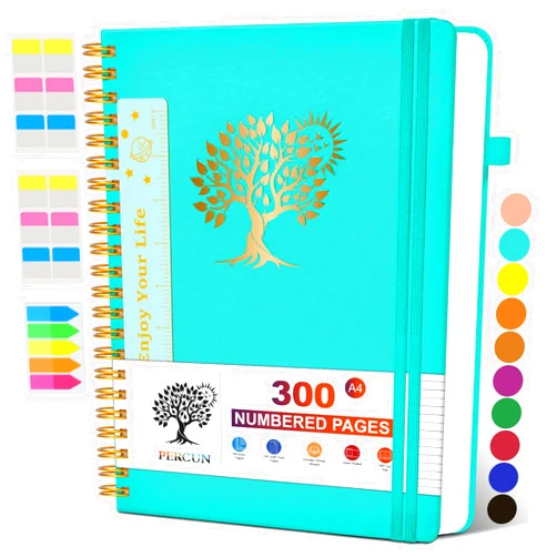 PERCUN Large Spiral Notebook Journal for Women Men - 300 Numbered Lined Pages, College Ruled, A4 Hardcover Spiral Bound Notebook for School, Work, Note Taking, Writing, Leather Spiral Journal 8.5