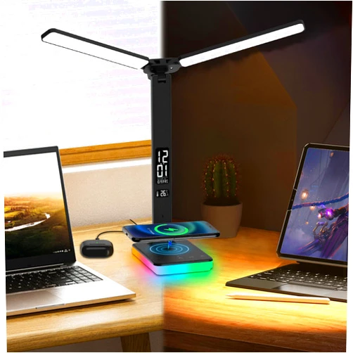 Oviouit LED Desk Lamp with Wireless Charger, USB Charging Port, Dual Swing Arm Desk Light with 5 Brightness, 3 Colors, Table Lamp with Clock, Alarm, Date, Temperature, Desk Lamp for Home Office Study (Black)