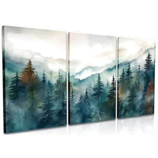 AKWISH Framed Green Forest Canvas Wall Art Set of 3, Boho Misty Watercolor Pine Tree Wall Decor Art, Nature Scenery Foggy Mountain Posters Prints for Living Room, Bedroom, Office 12x16 In