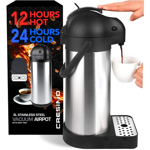 CRESIMO Airpot Coffee Dispenser with Pump & Tray - 101oz/3L Coffee Carafe with Pump - 12 Hours Hot Coffee Dispenser for Parties -Coffee Urn Hot Water Dispenser Stainless Steel Thermal Carafe for Hot Cocoa Bar