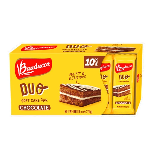 Bauducco Duo Cake Chocolate - Pack of 10 - Delicious mini layer cake, super soft and moist! Great for Snacks, Dessert & Lunch Box, 9.5 oz (Pack of 10)