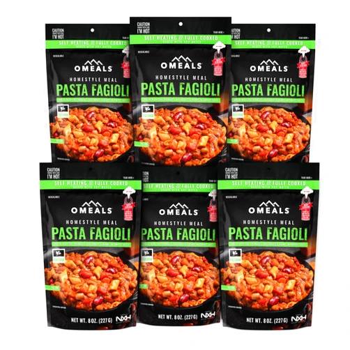 OMEALS Pasta Fagioli Six Vegetarian MRE Sustainable Premium Outdoor Fully Cooked Meals w/Heater - Extended Shelf Life - No Refrigeration - Perfect for Travelers, Emergency Supplies - USA 6 Pack