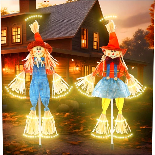 Cinnvoice 2 Pcs Fall Large Scarecrows Decor for Outdoor 35.4 Inch Scarecrow Thanksgiving with Firework Lamp for Autumn Harvest Halloween Garden Scarecrow Yard Home Decor