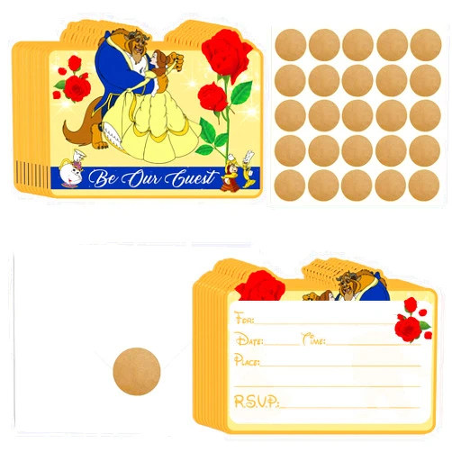 QUTANA 20 Pcs Be Our Guest Invitation Cards, Beauty And The Beast Party Invitation Cards With Sticker Labels, 20 Envelope Be Our Guest Invitations for Kids boy Girl Birthday Party Supplies
