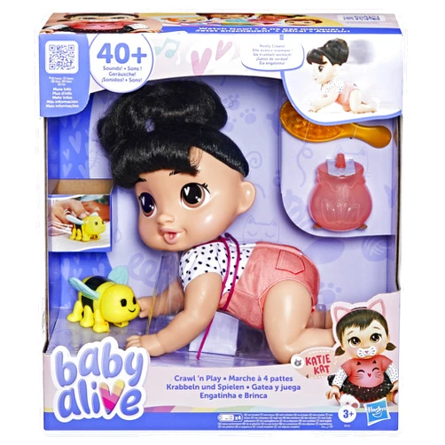 Baby Alive Crawl 'n Play Katie Kat Electronic Crawling Baby Doll Set, Black Hair, Kids Toys for Girls & Boys 3 Years & Up, 10.75 Inches