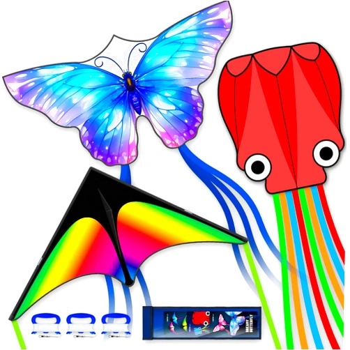 SGftre 3 Piece Set Butterfly Delta Octopus Kites for Kids and Adults，Easy to Fly for Outdoor Adults Children Line Kite for Kids Toy (Gradient Grassland Rainbow+Octopus Red+Blue Dreamy Butterfly, 3)