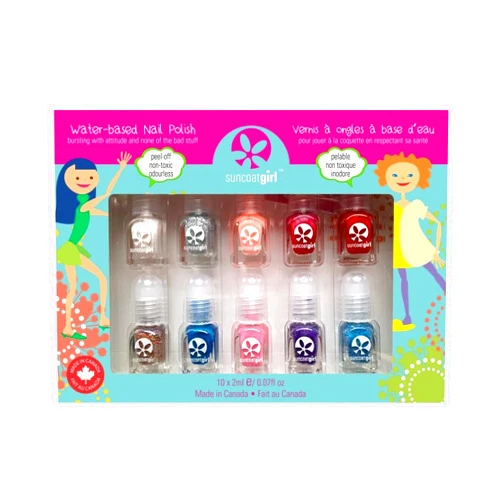 Suncoatgirl Suncoat Flare Fancy - Girls Nail Polish Sets for Kids, Super Party Pack 10 Fun Colors, Water Based, Non-Toxic, Deluxe Nail Polish Set for Little Girls, Includes Stickers & Nail File