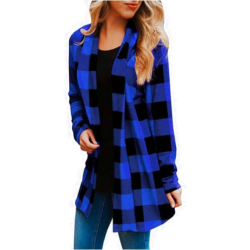 TUNUSKAT Women's Fashion Plaid Loose T-shirt Long Sleeves Blouse Cardigan Coat