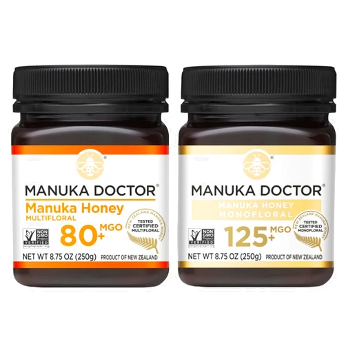 MANUKA DOCTOR - Manuka Honey MGO 80+ Multifloral & MGO 125+ Monofloral Value Bundle, 100% Pure New Zealand Honey. Certified. Guaranteed. RAW. Non-GMO, 2 x 8.75oz Pots