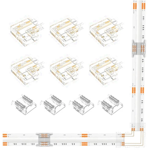 BTF-LIGHTING FCOB COB 10mm/0.39in Width LED Strip Connector Kit 6Pcs 4 Pin Transparent L-Shaped Connectors 4Pcs 4Pin Strip to Strip Connectors for PWM FCOB RGB LED Strip Lights