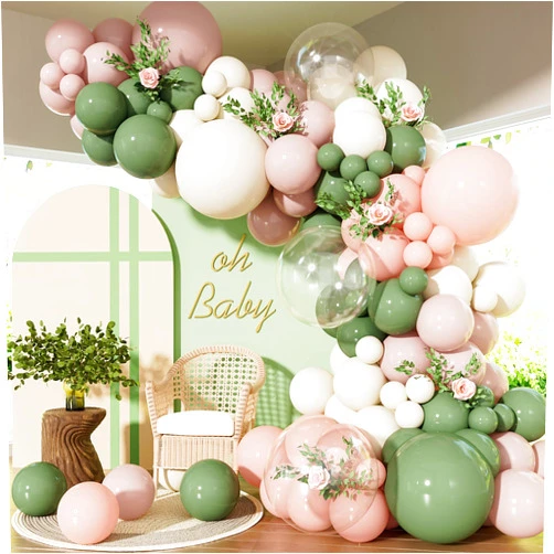 Adeyoo Baby in Bloom Balloon Arch Garland Kit - Pink and Green Balloon Arch Kit, Pink Sage Green Sand White Balloons with Bobo Balloons for Birthday Baby Shower Boho Wedding Party Decorations, 142Pcs