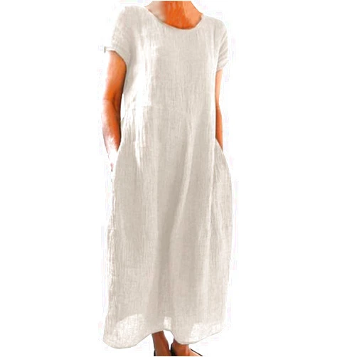 DMOYALA Solid Color Cotton Shirt Dress for Women Short Sleeve Crewneck Maxi Linen Shift Dresses with Pockets