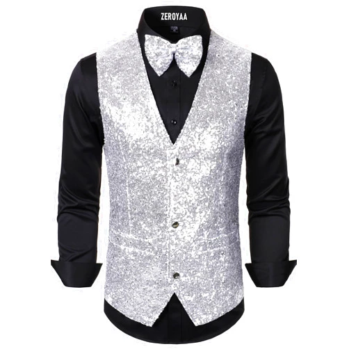 ZEROYAA Men's Sequin Vest Slim Fit 70s Shiny Waistcoat Bowtie Set Disco Prom Party Tuxedo