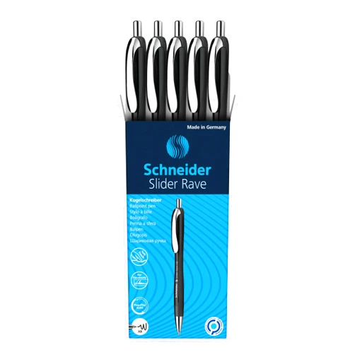Schneider® Limited Edition Slider Rave Black, XB (Extra Broad) Ballpoint Pen, Refillable + Retractable, 1.4 mm, Black Barrel, Blue Ink, Box of 5 Pens (132511)