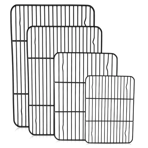 TeamFar Cooling Rack Set of 4, Stainless Steel Black Non-Stick Coated Various Size Wire Baking Roasting Rack for Baking Sheet Toaster Oven Pan, Non-Toxic & Non-Stick, Heavy Duty & Easy Clean