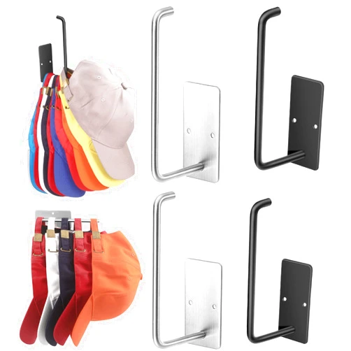 Letohoumia Hat Hooks for Wall Baseball Caps 4 Pack(2 Black+2 Silver),Stainless Steel Adhesive Hat Hanger Hooks Holder for Wall, Multi-Purpose Strong Hook Organizer Can Hold More Than 10 Hats for Door