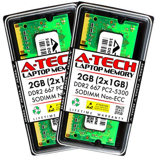 A-Tech 2GB (2x1GB) DDR2 667MHz SODIMM PC2-5300 1.8V CL5 200-Pin Non-ECC Unbuffered Laptop RAM Memory Upgrade Kit